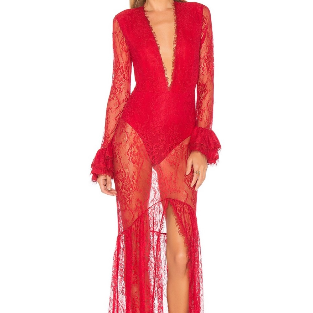 Long sleeve red lace formal dress.